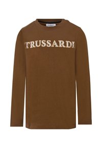 T-shirt marrone a maniche lunghe in cotone, con "TRUSSARDI" ricamato in lettere a contrasto sul petto. Design semplice, colletto rotondo.