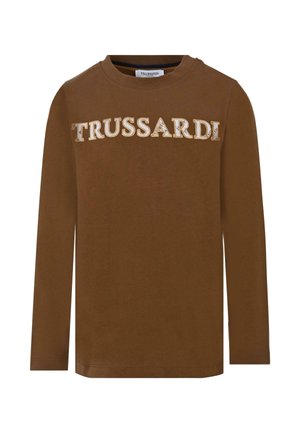 Brązowa, długozaszewkowa koszulka z bawełny, z napisem "TRUSSARDI" w kontrastujących, haftowanych literach na piersi. Prosty design, okrągły dekolt.