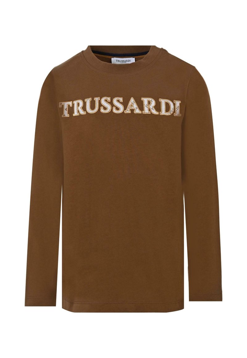T-shirt marrone a maniche lunghe in cotone, con "TRUSSARDI" ricamato in lettere a contrasto sul petto. Design semplice, colletto rotondo.