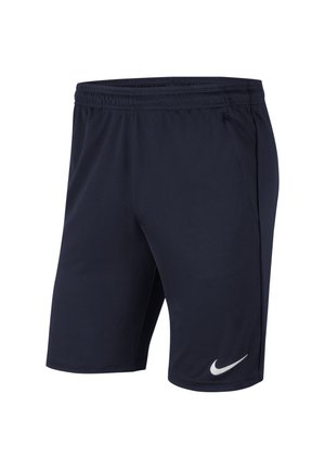 Navy athletic shorts made of breathable fabric, featuring an elastic waistband, side vents, and a white Nike logo on the left leg.