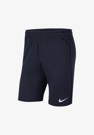 Marinefarbene Sportshorts aus atmungsaktivem Material, mit einem elastischen Bund, seitlichen Lüftungsschlitzen und einem weißen Nike-Logo an dem linken Bein.