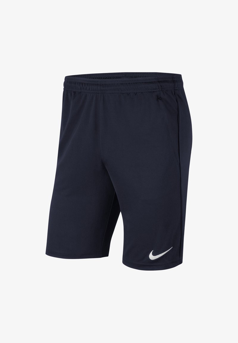 Marineblauwe sportshorts gemaakt van ademend materiaal, met een elastische tailleband, zijventilatieopeningen en een wit Nike-logo op het linkerpijpen.