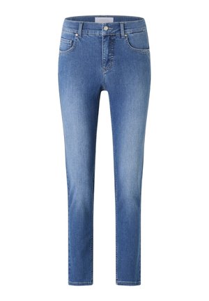 Dames mid-rise slim-fit blauwe spijkerbroek met voor- en achterzakken, knoopsluiting en riemlussen, afgebeeld op een witte achtergrond.