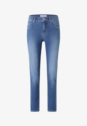 Women’s mid-rise slim-fit blue denim jeans with front and back pockets, button closure, and belt loops, shown on a white background.