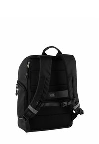 Black backpack made of durable fabric, featuring padded straps, mesh panels, a top handle, and reflective accents. Zippered compartments included.
