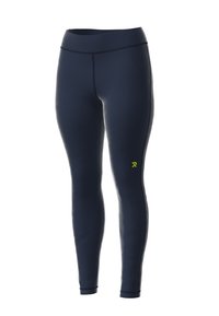 Marineblauwe actieve leggings met een gladde textuur, hoge tailleband en een klein geel logo op het linkerdeel van het onderbeen. Ontworpen voor comfort en flexibiliteit.