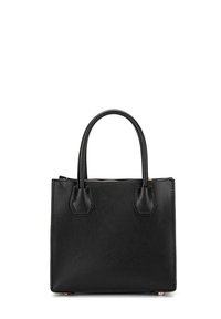 Zwart leren handtas met twee handvatten aan de bovenkant, vierkante vorm en details van gouden hardware. Voorzien van een ritsluiting en zichtbare stiksels.