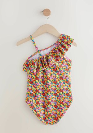 Bunte Blumen-Badeanzug mit einer Rüsche an den Schulterträgern, aus dehnbarem Stoff in einer Mischung aus pinken, orangen, gelben und blauen Farbtönen.