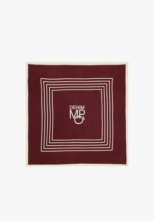 Écharpe carrée bordeaux avec plusieurs lignes blanches concentriques en forme de carrés et le texte "DENIM MPO" au centre.