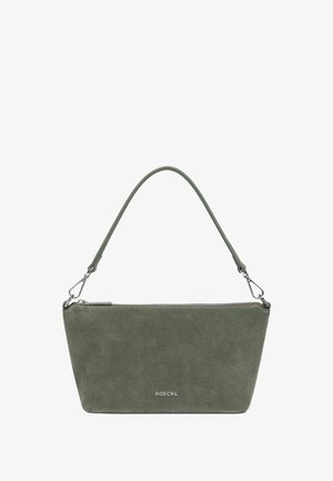 Kleine grüne Wildlederhandtasche mit abnehmbaren Schulterriemen, silbernem Reißverschluss und dem eingearbeiteten "ROECKL"-Logo in der Mitte auf der Vorderseite.