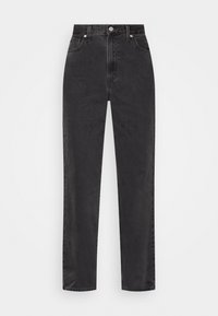 Jean en denim noir taille haute, coupe droite, avec poches avant et arrière et fermeture à boutons.