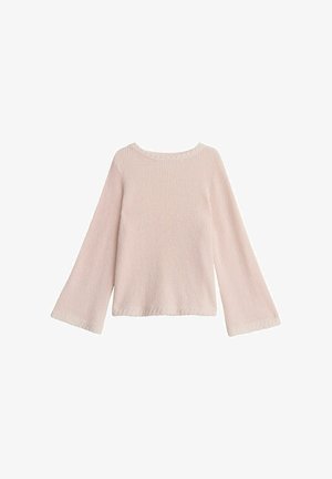 Jasnoróżowy dzianinowy sweter z szerokimi, długimi rękawami i okrągłym dekoltem, przedstawiony na białym tle.