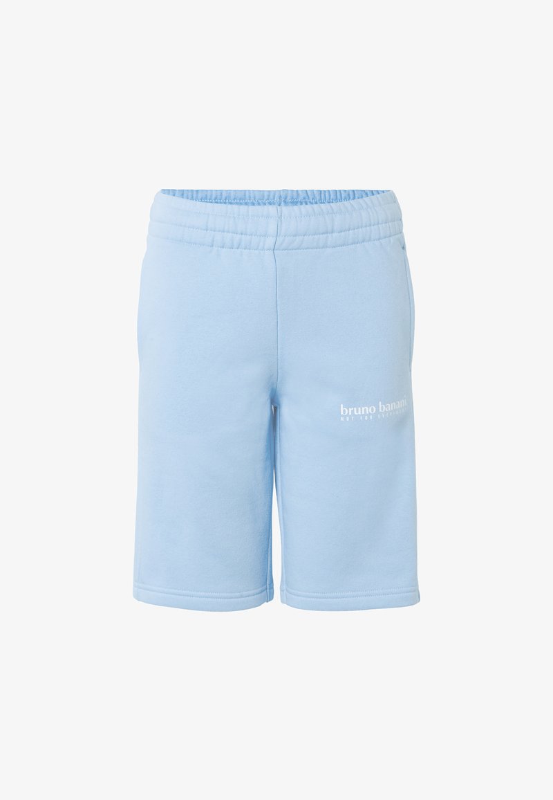 Shorts bleu clair longueur genou avec ceinture élastique et logo blanc "bruno banani" imprimé sur la cuisse droite.