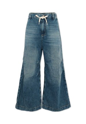 Blauwe denim broek met wijde pijpen, hoge taille, knoopsluiting en een wit trekkoord in de taille.