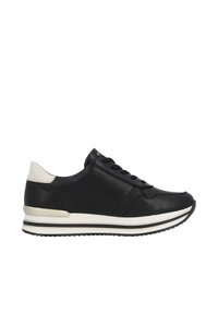 Sort lædersneaker med rund tå, snørelukning foran og hvid detalje ved hælen. Har en lagdelt sål med sorte og hvide striber.