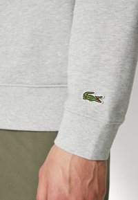 Manche de sweat-shirt gris clair avec un petit patch logo crocodile vert près du poignet et une main masculine visible en dessous.