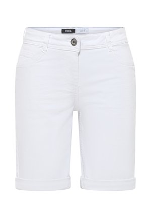 Weiße Denim-Shorts mit aufgekrempeltem Saum, Gürtelschlaufen, Vordertaschen und einem Knopfverschluss an der Taille mit der Aufschrift „CECIL Denim“.