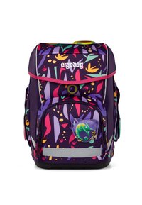 Sac à dos violet avec des motifs de plantes colorées, une forme arrondie, plusieurs compartiments, des accents réfléchissants et un détail de design de caméléon.