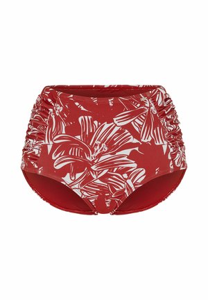Rode bikinibroekjes met hoge taille, witte bloemenprint en geplooide zijkanten, ontworpen voor een comfortabele strand- of zwemlook.