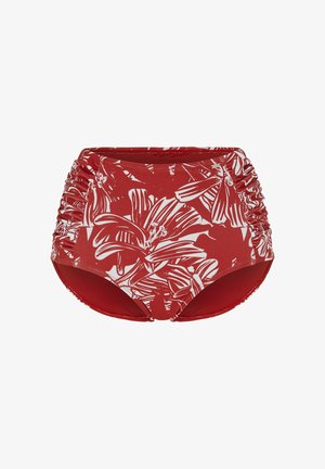 Rode bikinibroekjes met hoge taille, witte bloemenprint en geplooide zijkanten, ontworpen voor een comfortabele strand- of zwemlook.