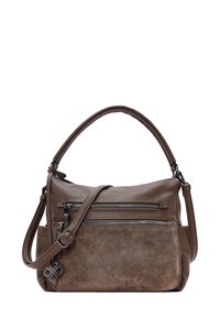 Borsa marrone realizzata in pelle texturizzata e suede. Presenta due tasche con zip, una tracolla regolabile e dettagli decorativi.