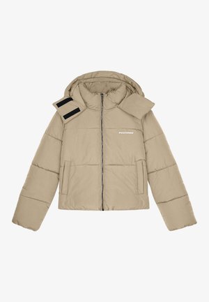 Beige puffer jacket with a hood, zip front, two side pockets, and velcro accents on the shoulder. Text logo on the chest.