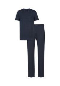 Granatowy bawełniany komplet dwuczęściowy, składający się z krótkiego rękawa T-shirtu z kieszenią na piersi oraz długich spodni z elastycznym paskiem w talii. Gładka faktura, casualowy design.