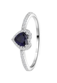 Bague en argent ornée d'une pierre précieuse en forme de cœur de couleur violet foncé, entourée de petites pierres claires le long de l'anneau pour une touche d'éclat.