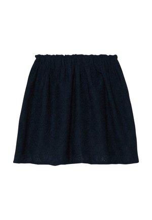 Schwarzer knielanger Rock mit elastischem Bund und dezentem floralen Spitzenmuster.