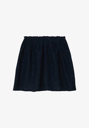 Czarna spódnica do kolan z elastycznym pasem i delikatnym kwiatowym wzorem koronki na całej powierzchni.