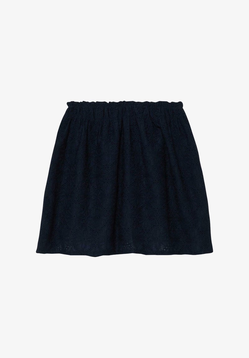 Jupe noire longueur genou avec taille élastique et motif subtil en dentelle florale sur toute la surface.