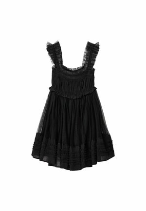 Μαύρο αμάνικο φόρεμα με βολάν στους ιμάντες, σμιλευτό μπούστο, εφαρμοστή μέση και στρωτό βολάν στο τελείωμα, κατασκευασμένο από διάφανο, υφασμάτινο ύφασμα με υφή.