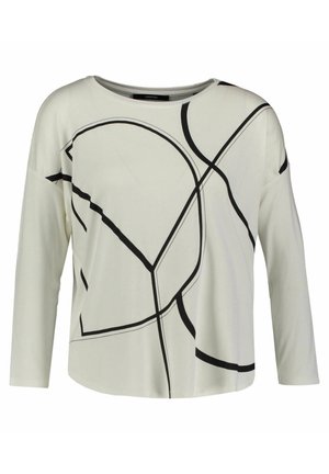 Weißes Langarmshirt mit rundem Halsausschnitt und abstrakten schwarzen, gebogenen und geraden Linienmustern auf der Vorderseite und den Ärmeln.
