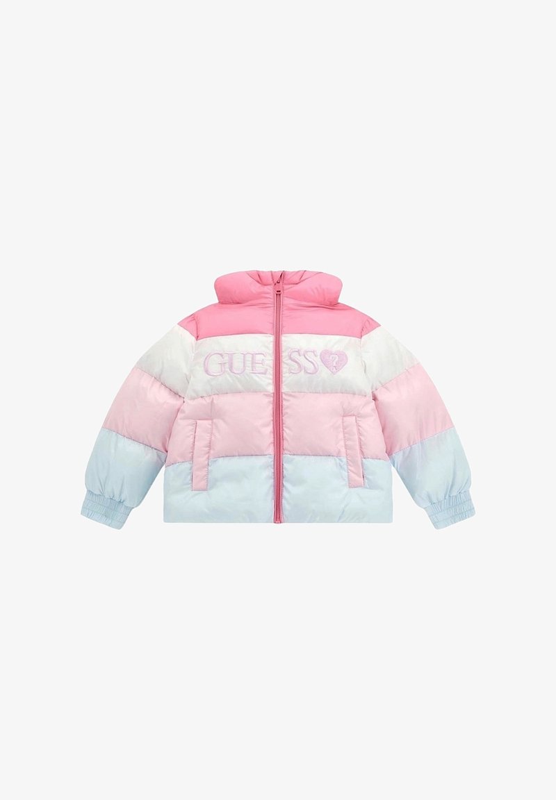 Veste matelassée avec un col montant, présentant des sections alternées en rose pastel et bleu clair, un logo brodé et des poignets élastiques.