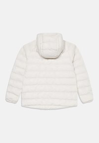 Veste en doudoune blanche avec capuche, présentant un design matelassé et des poignets élastiques. Texture douce et lisse avec un ourlet droit.