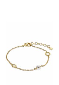 Bracciale in oro con charm a forma di goccia, un accento circolare e una perla bianca. Chiusura regolabile per la dimensione.