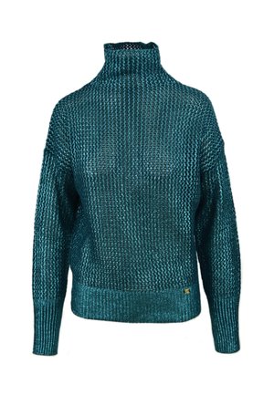 Teal blå metalisk strik polotrøje med lange ærmer og ribstrikkede manchetter og kant, med åben netmønster.