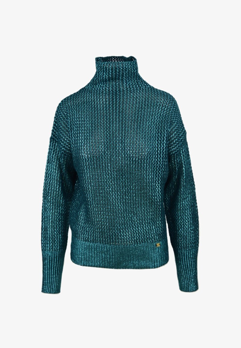 Pull à col roulé tricoté bleu sarcelle métallique avec manches longues et poignets et ourlet côtelés, présentant un motif en maille ouverte.