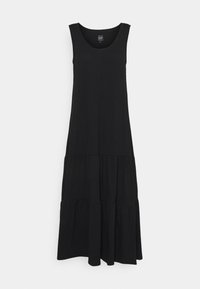 Svart ärmlös maxiklänning med rundad halsringning och lager på lager kjol, tillverkad av mjukt tyg, uppställd mot en vit bakgrund.