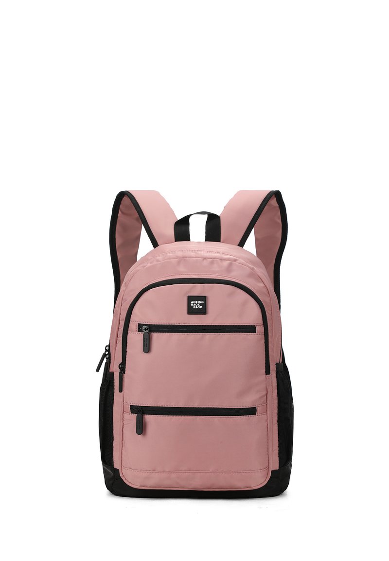 Zaino rosa e nero in tessuto. Presenta due tasche anteriori con zip, tasche laterali in rete e spallacci imbottiti e regolabili.