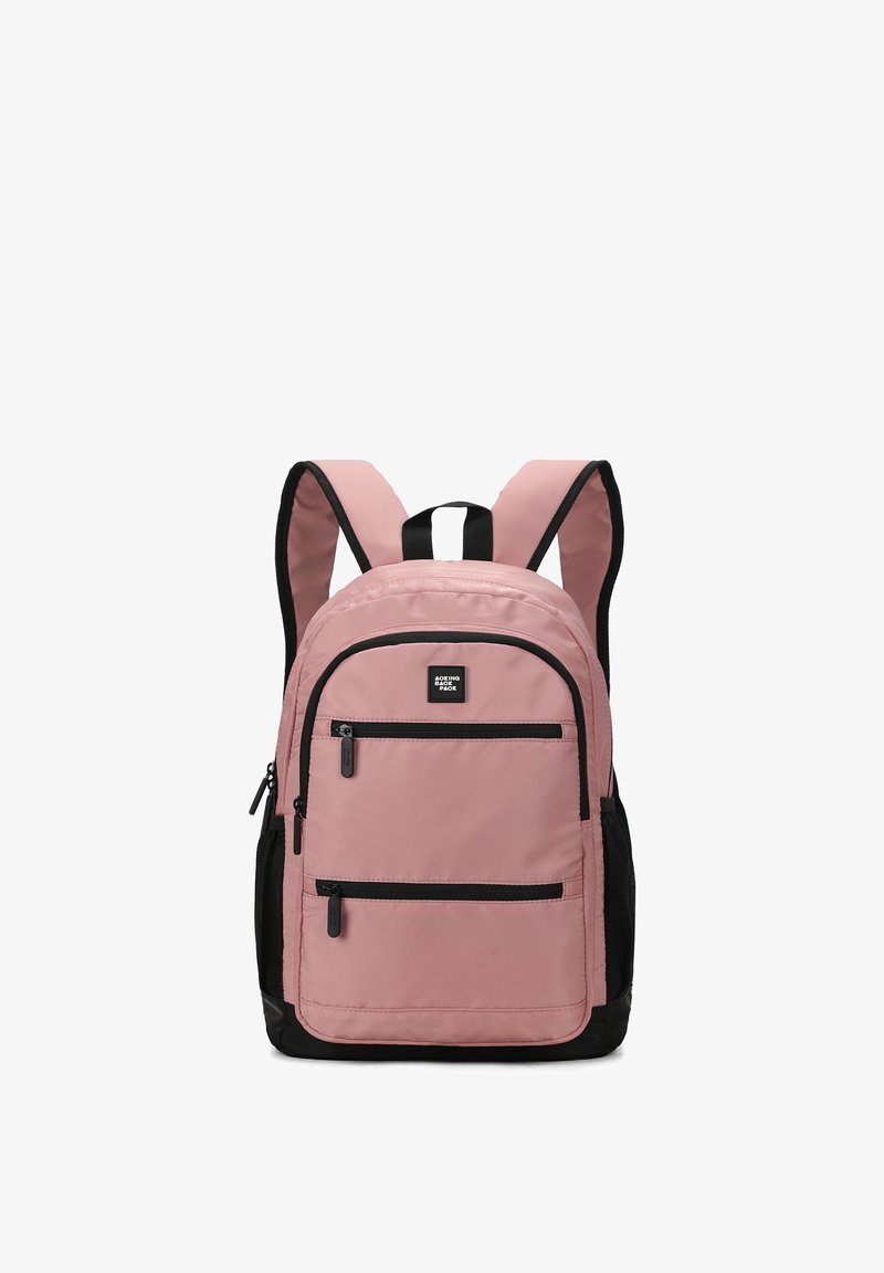 Zaino rosa e nero in tessuto. Presenta due tasche anteriori con zip, tasche laterali in rete e spallacci imbottiti e regolabili.