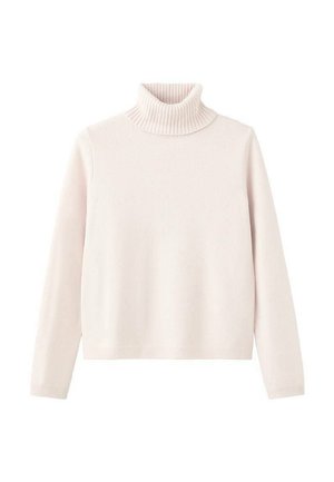 Pull à col roulé rose clair en tissu tricoté doux, doté d'un col et de poignets côtelés, avec une coupe décontractée et un design minimaliste.
