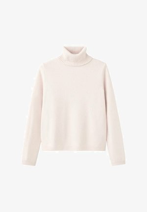 Pull à col roulé rose clair en tissu tricoté doux, doté d'un col et de poignets côtelés, avec une coupe décontractée et un design minimaliste.