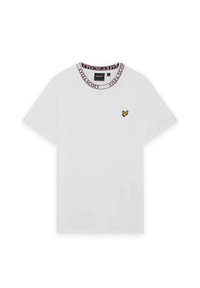 Weißes Baumwoll-T-Shirt mit kurzen Ärmeln, mit einem runden bordeauxfarbenen Kragen und einem kleinen gelben Vogel-Logo auf der Brust.