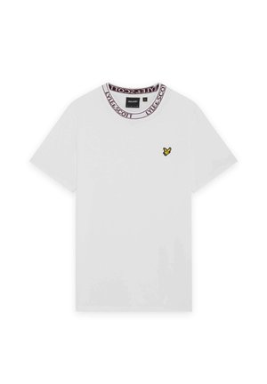 Vit bomullströja med korta ärmar, med en rund bordeauxfärgad krage, och en liten gul fågel-logotyp på bröstet.