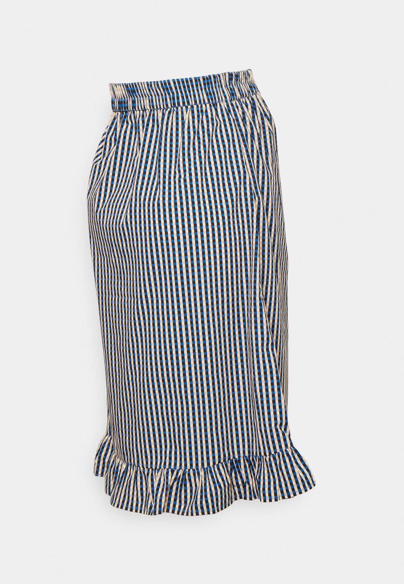 Saia riscada em azul e bege, com um cós elástico e uma bainha franzida. Feita de material leve com padrões verticais.