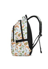 Sac à dos en tissu blanc arborant un motif alimentaire, incluant des croissants et des avocats, complété par des bretelles en mesh noir et des fermetures éclair.