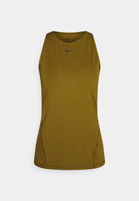Bezrukávový sportovní top Nike Dri-FIT olivově zelené barvy s černým logem Nike na hrudi, navržený pro odvod vlhkosti a pohodlí.