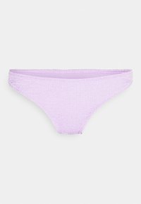 Parte de baixo de bikini lilás, feita de tecido texturizado, com um cós elástico e forro suave. Corte hipster clássico com cobertura média.