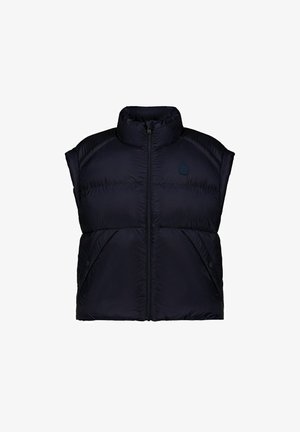 Schwarze ärmellose gesteppte Weste mit hohem Kragen, Frontreißverschluss und zwei schräg stehenden Taschen mit Druckknöpfen, mit subtilem Logo auf der Brust.